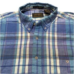 80s 90s Eddie Bauer Shirt XLT Tall Mens S/S Button Down Blue Madras Plaid VGUC